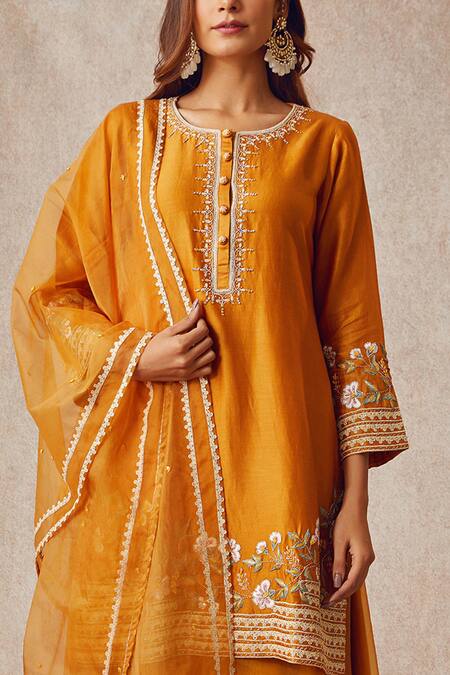 Buy_Ajiesh Oberoi_Yellow Organza, Chanderi Round Kurta Gharara Set _Online_at_Aza_Fashions
