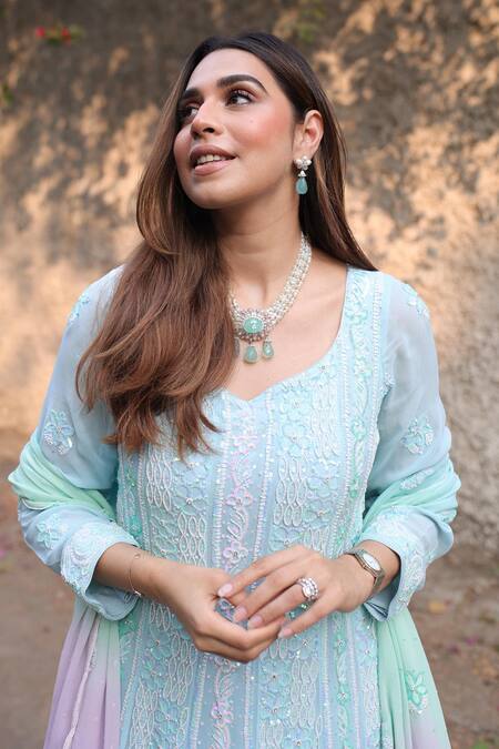 Shop_Ruh Clothing_Blue Georgette Bead Work, Chikankari, Sequins, Stone Embroidered Anarkali Set _Online_at_Aza_Fashions