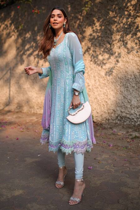 Ruh Clothing_Blue Georgette Bead Work, Chikankari, Sequins, Stone Embroidered Anarkali Set _Online_at_Aza_Fashions