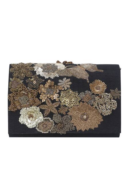 The Purple Sack_Black Embroidery Floral Flap Clutch With Sling _Online_at_Aza_Fashions