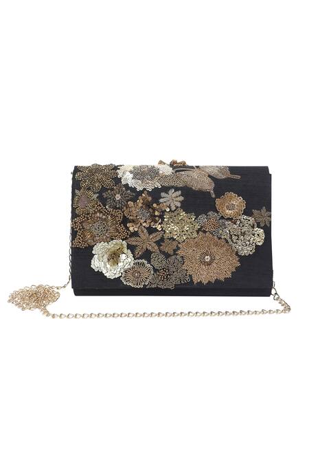 Buy_The Purple Sack_Black Embroidery Floral Flap Clutch With Sling _Online_at_Aza_Fashions