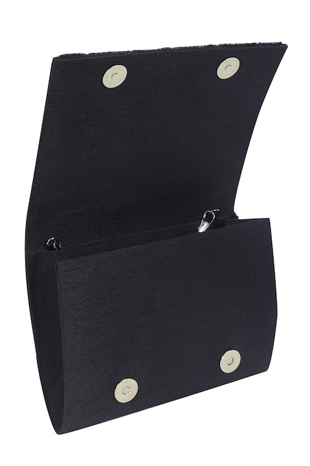 The Purple Sack_Black Embroidery Floral Flap Clutch With Sling _at_Aza_Fashions