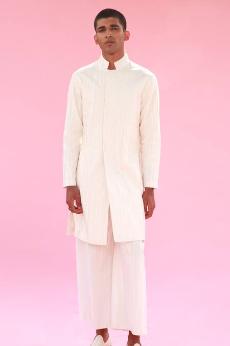 Buy_Antar Agni_White Cotton Crinkle Textured Sherwani _Online_at_Aza_Fashions
