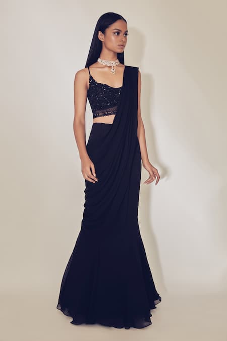Premya By Manishii_Black Tulle, Georgette V Neck Pre-draped Saree With Embellished Bustier _Online_at_Aza_Fashions