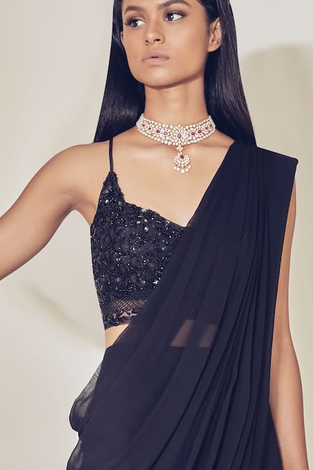 Buy_Premya By Manishii_Black Tulle, Georgette V Neck Pre-draped Saree With Embellished Bustier _Online_at_Aza_Fashions