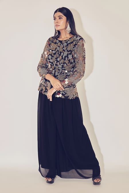 Shop Premya By Manishii Black Tulle, Georgette Round Embroidered Jacket And Draped Pant Set at Aza Fashions Shop_Premya By Manishii_Black Tulle, Georgette Round Embroidered Jacket And Draped Pant Set _at_Aza_Fashions
