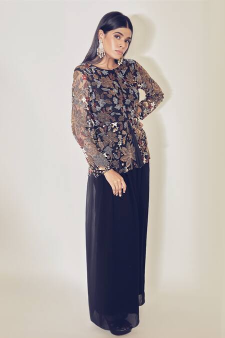 Premya By Manishii Black Tulle, Georgette Round Embroidered Jacket And Draped Pant Set Online at Aza Fashions Premya By Manishii_Black Tulle, Georgette Round Embroidered Jacket And Draped Pant Set _Online_at_Aza_Fashions