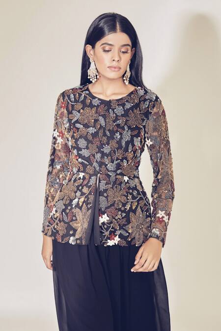Shop Premya By Manishii Black Tulle, Georgette Round Embroidered Jacket And Draped Pant Set Online at Aza Fashions Shop_Premya By Manishii_Black Tulle, Georgette Round Embroidered Jacket And Draped Pant Set _Online_at_Aza_Fashions