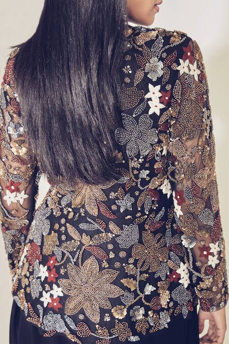 Premya By Manishii Black Tulle, Georgette Round Embroidered Jacket And Draped Pant Set at Aza Fashions Premya By Manishii_Black Tulle, Georgette Round Embroidered Jacket And Draped Pant Set _at_Aza_Fashions