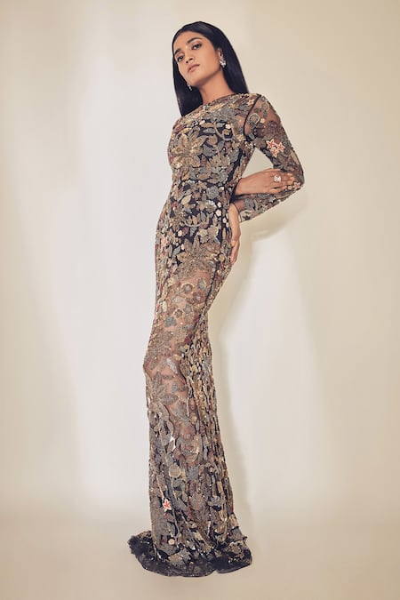 Buy_Premya By Manishii_Multi Color Tulle, Lycra Round Embroidered Gown _Online_at_Aza_Fashions