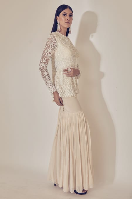 Shop Premya By Manishii White Tulle, Georgette Round Embroidered Jacket And Sharara Set at Aza Fashions Shop_Premya By Manishii_White Tulle, Georgette Round Embroidered Jacket And Sharara Set _at_Aza_Fashions