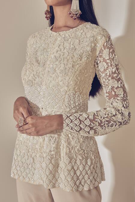 Shop Premya By Manishii White Tulle, Georgette Round Embroidered Jacket And Sharara Set Online at Aza Fashions Shop_Premya By Manishii_White Tulle, Georgette Round Embroidered Jacket And Sharara Set _Online_at_Aza_Fashions