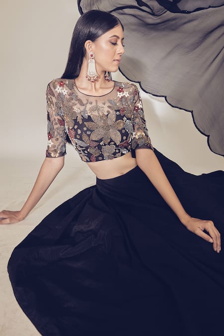 Shop Premya By Manishii Black Tulle, Chiffon, Tussar Silk Round Embroidered Blouse And Lehenga Set at Aza Fashions Shop_Premya By Manishii_Black Tulle, Chiffon, Tussar Silk Round Embroidered Blouse And Lehenga Set _at_Aza_Fashions