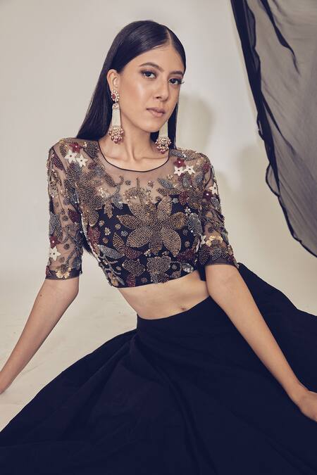 Premya By Manishii Black Tulle, Chiffon, Tussar Silk Round Embroidered Blouse And Lehenga Set Online at Aza Fashions Premya By Manishii_Black Tulle, Chiffon, Tussar Silk Round Embroidered Blouse And Lehenga Set _Online_at_Aza_Fashions