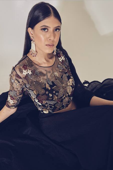 Buy Premya By Manishii Black Tulle, Chiffon, Tussar Silk Round Embroidered Blouse And Lehenga Set Online at Aza Fashions Buy_Premya By Manishii_Black Tulle, Chiffon, Tussar Silk Round Embroidered Blouse And Lehenga Set _Online_at_Aza_Fashions