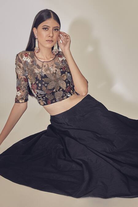 Shop Premya By Manishii Black Tulle, Chiffon, Tussar Silk Round Embroidered Blouse And Lehenga Set Online at Aza Fashions Shop_Premya By Manishii_Black Tulle, Chiffon, Tussar Silk Round Embroidered Blouse And Lehenga Set _Online_at_Aza_Fashions