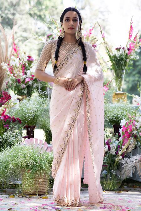 Buy Pink Satin Georgette Round Embroidered Saree With Blouse For Women by  Megha & Jigar Online at Aza Fashions.