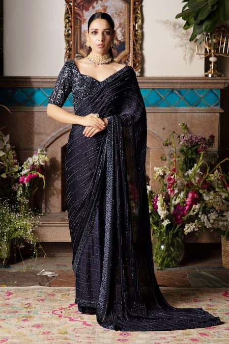 Buy Blue Satin Georgette Embroidery Sweetheart Neck Saree With