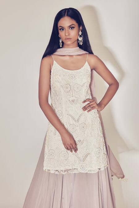 Premya By Manishii_White Tulle, Georgette Round Embroidered Lehenga Set _Online_at_Aza_Fashions