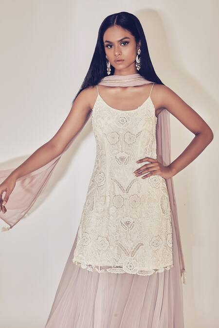 Buy_Premya By Manishii_White Tulle, Georgette Round Embroidered Lehenga Set _Online_at_Aza_Fashions