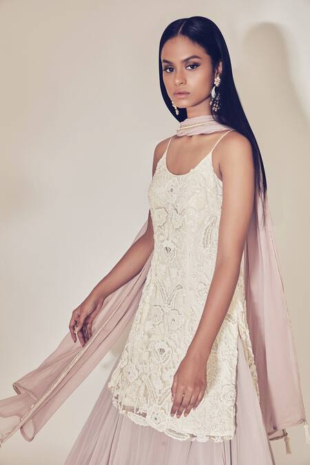 Shop_Premya By Manishii_White Tulle, Georgette Round Embroidered Lehenga Set _Online_at_Aza_Fashions