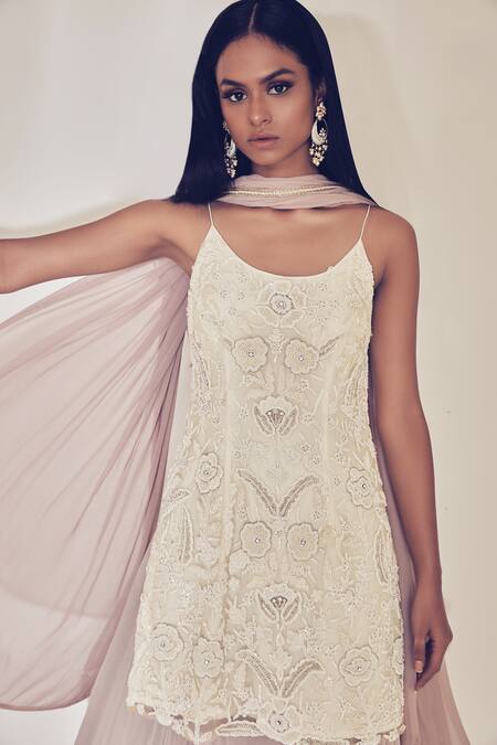 Premya By Manishii_White Tulle, Georgette Round Embroidered Lehenga Set _at_Aza_Fashions