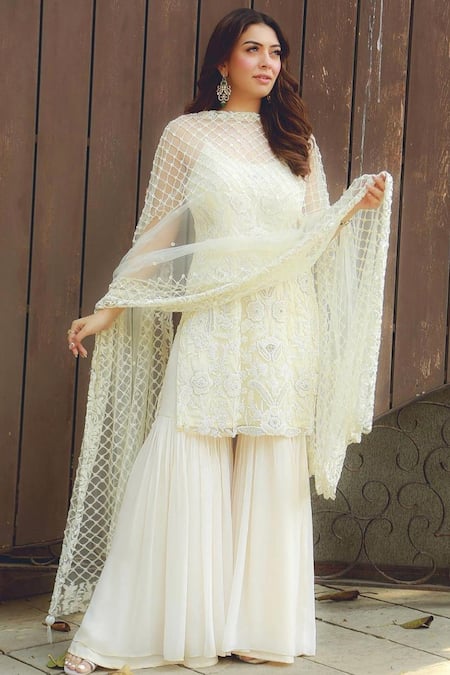 Premya By Manishii White Tulle Embroidery Round Kurta Set 