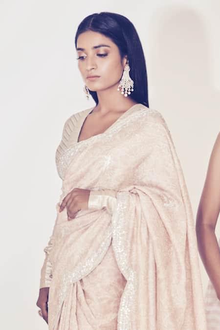 Shop Premya By Manishii Beige Chanderi V Neck Saree With Blouse at Aza Fashions Shop_Premya By Manishii_Beige Chanderi V Neck Saree With Blouse _at_Aza_Fashions