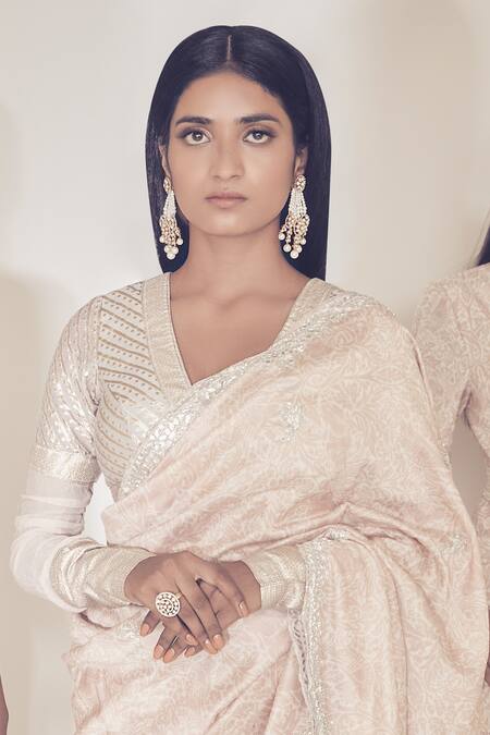 Premya By Manishii Beige Chanderi V Neck Saree With Blouse Online at Aza Fashions Premya By Manishii_Beige Chanderi V Neck Saree With Blouse _Online_at_Aza_Fashions