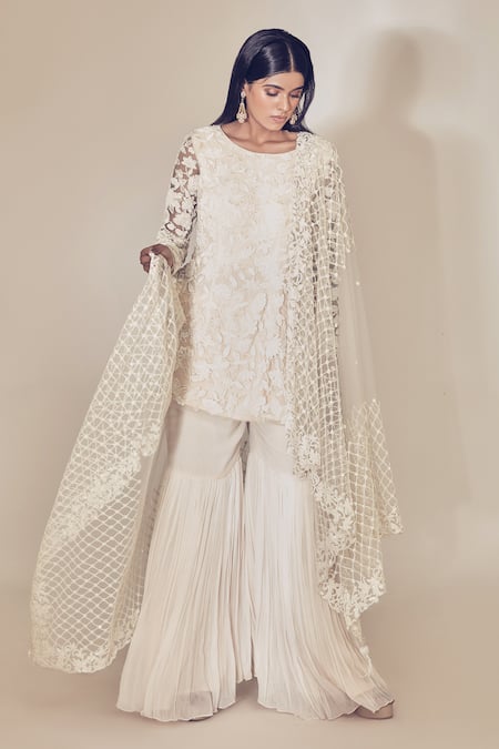 Premya By Manishii_White Tulle, Georgette Round Embroidered Kurta Set _Online_at_Aza_Fashions