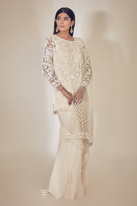 Shop_Premya By Manishii_White Tulle, Georgette Round Embroidered Kurta Set _at_Aza_Fashions