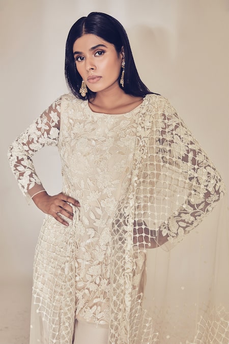 Shop_Premya By Manishii_White Tulle, Georgette Round Embroidered Kurta Set _Online_at_Aza_Fashions