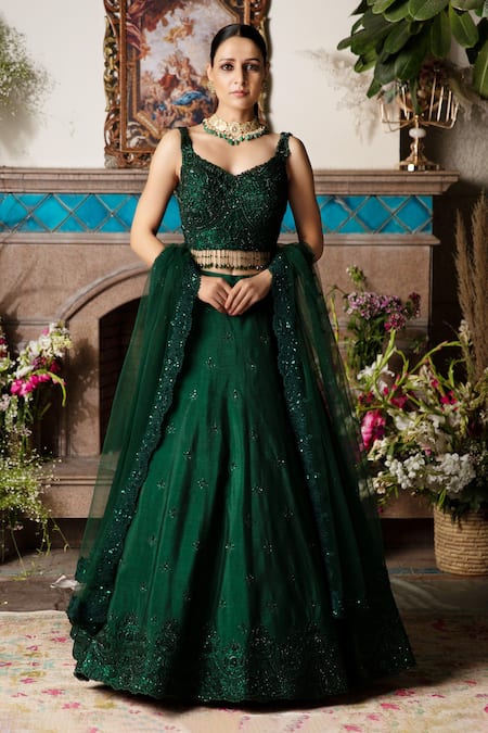 Buy Emerald Green Embroidered Lehenga For Women Online