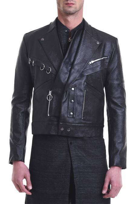 Saksham & Neharicka_Black Faux Leather Button Front Jacket _Online_at_Aza_Fashions