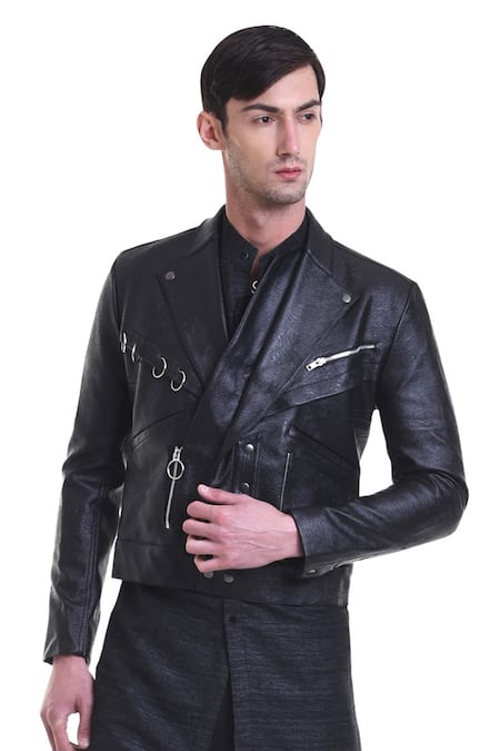 Shop_Saksham & Neharicka_Black Faux Leather Button Front Jacket _at_Aza_Fashions