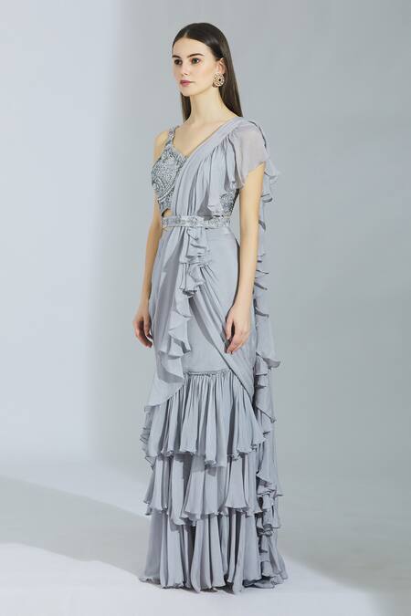 Megha & Jigar Grey Chinon Chiffon Sweetheart Neck Pre-draped Ruffle Saree With Blouse Online at Aza Fashions Megha & Jigar_Grey Chinon Chiffon Sweetheart Neck Pre-draped Ruffle Saree With Blouse_Online_at_Aza_Fashions