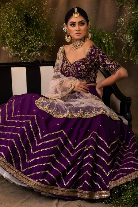 Megha & Jigar_Purple Dupion Silk Sweetheart Neck Embroidered Lehenga Set_Online_at_Aza_Fashions