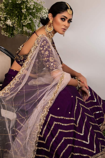 Buy_Megha & Jigar_Purple Dupion Silk Sweetheart Neck Embroidered Lehenga Set_Online_at_Aza_Fashions