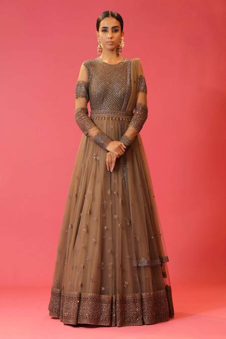 Megha & Jigar_Grey Net Round Embroidered Anarkali With Dupatta_Online_at_Aza_Fashions
