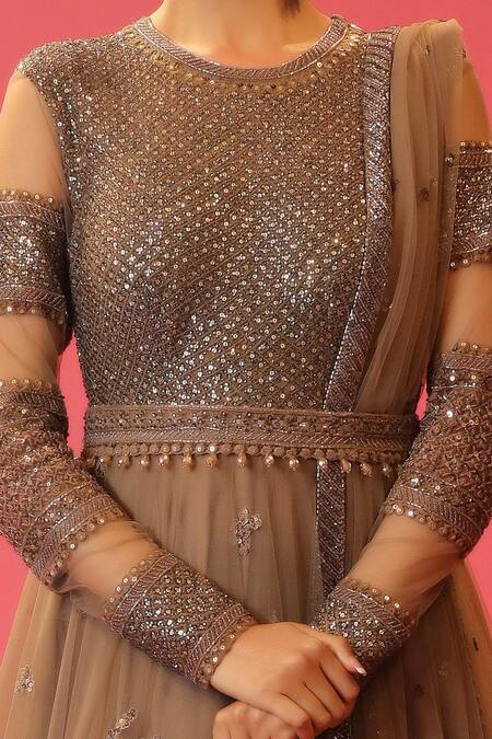 Buy_Megha & Jigar_Grey Net Round Embroidered Anarkali With Dupatta_Online_at_Aza_Fashions