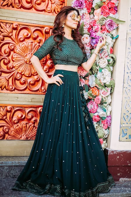 Megha & Jigar Green Georgette Round Embroidered Lehenga Set