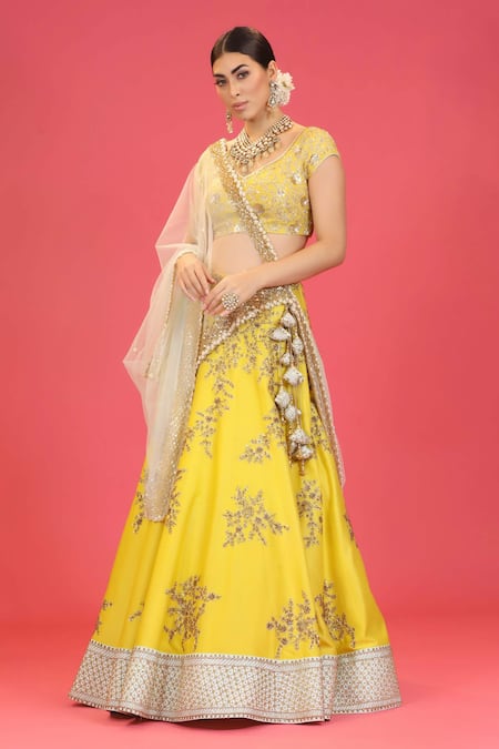 Megha & Jigar Yellow Chanderi V Neck Embroidered Lehenga Set  