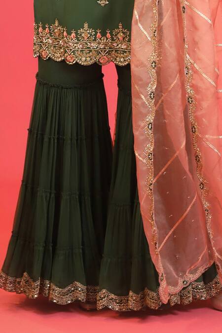 Shop_Megha & Jigar_Green Georgette V Neck Embroidered Kurta Gharara Set_Online_at_Aza_Fashions
