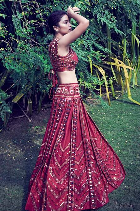 Shop_Surily G_Maroon Munga Silk Round Embroidered Crop Top_Online_at_Aza_Fashions