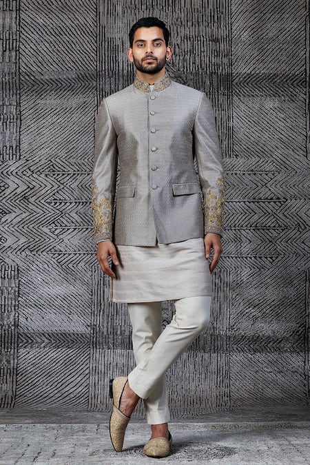 Shantnu Nikhil Grey Raw Silk Classic Bandhgala 