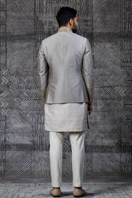 Shop_Shantnu Nikhil_Grey Raw Silk Classic Bandhgala _at_Aza_Fashions