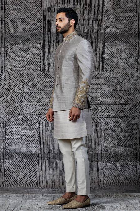 Shantnu Nikhil_Grey Raw Silk Classic Bandhgala _Online_at_Aza_Fashions