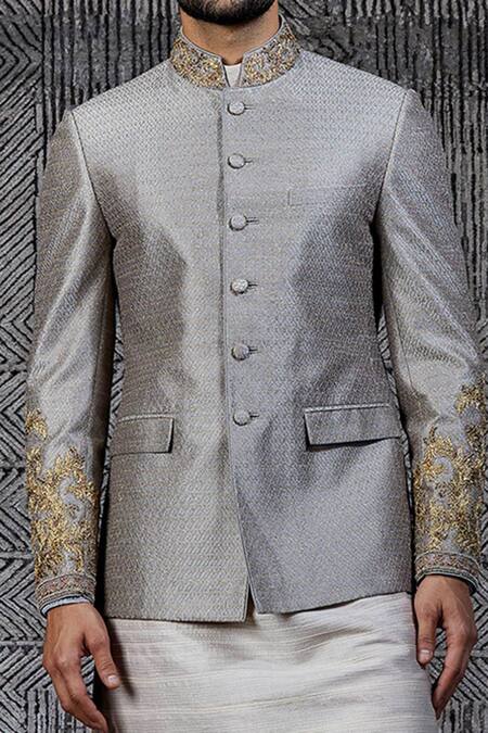 Buy_Shantnu Nikhil_Grey Raw Silk Classic Bandhgala _Online_at_Aza_Fashions