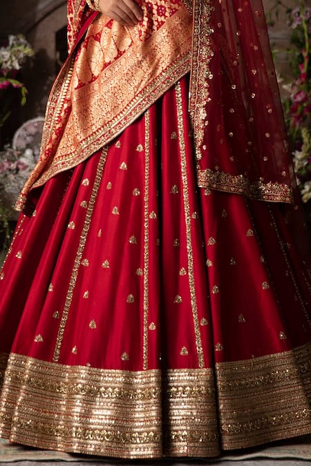 Shop_Megha & Jigar_Red Net, Dupian Silk Sweetheart Neck Embroidered Bridal Lehenga Set_Online_at_Aza_Fashions