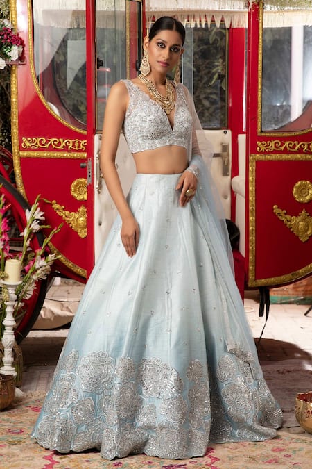 Buy Blue Blouse Embroidered Floral V Neck Bridal Lehenga Set For Women by  Priti Sahni Online at Aza Fashions.